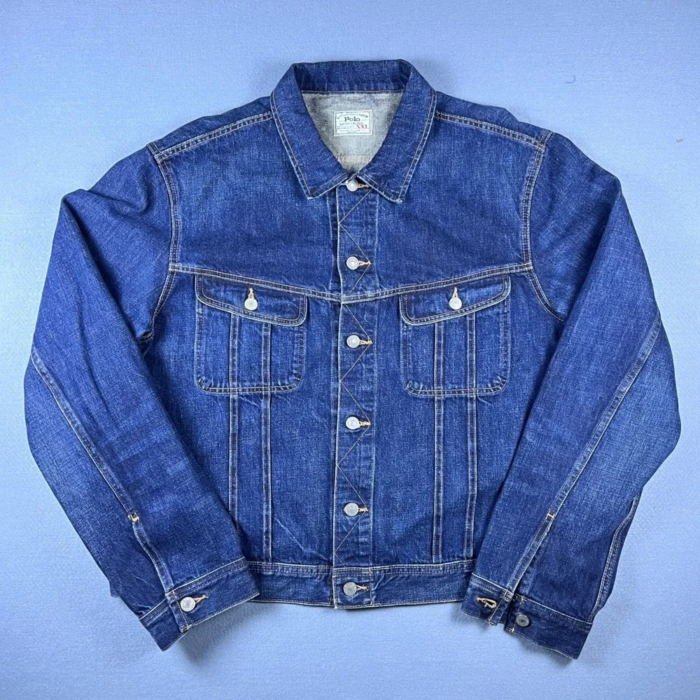 VTG Polo Ralph Lauren Mens Blue Denim Trucker Jacket XXL Dark Wash Lee 101J